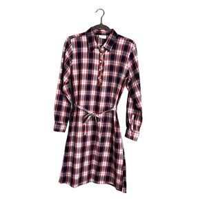 NWOT Place Plaid Belted Long Sleeve Dress Knee Length Button Popover Small Adult